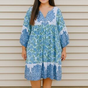 Islapayal Malaga Blue Floral Cotton Blouson Sleeve Mini Dress SIZE LARGE